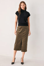 Black soft knit top with scarf-style neck tie and short cap sleeves