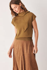 Camel soft knit top with scarf-style neck tie, back view with cap sleeves