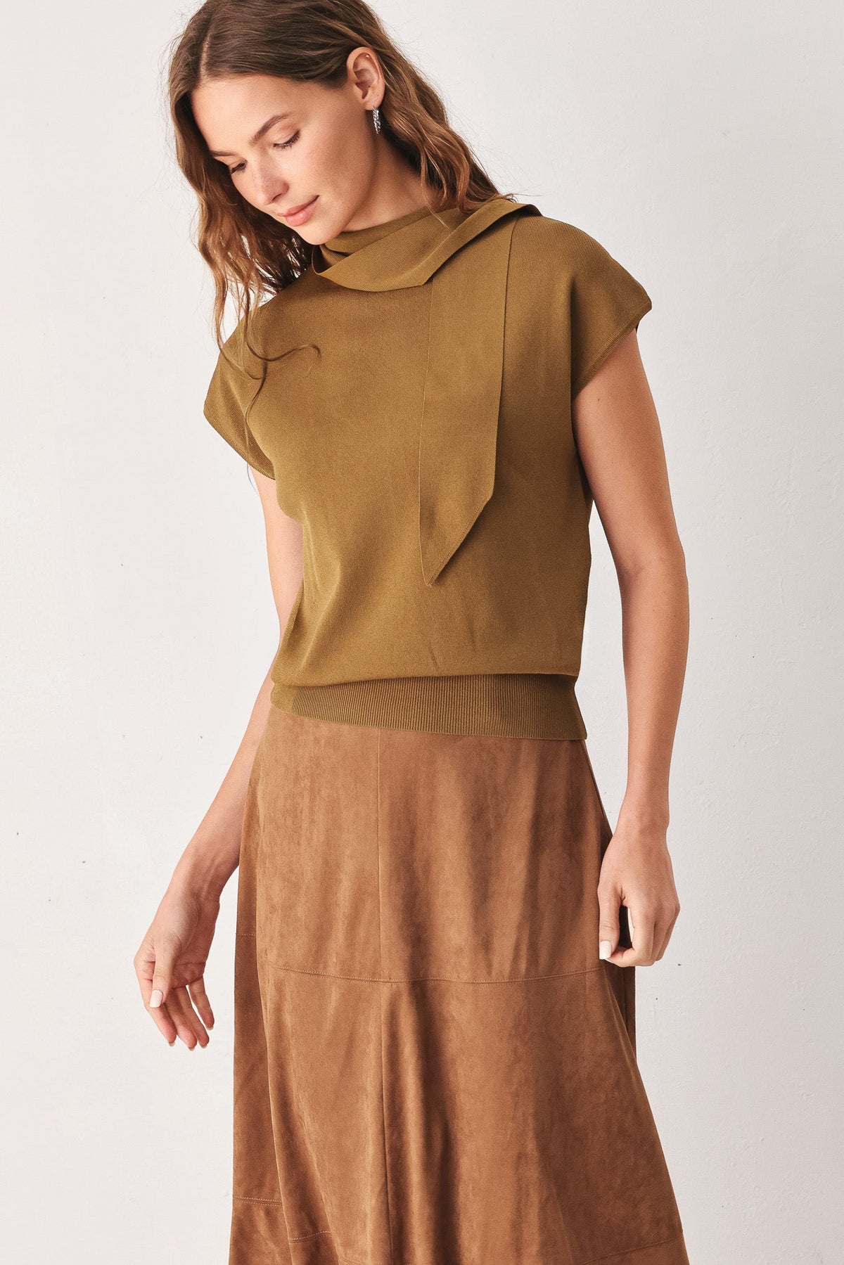 Camel soft knit top with scarf-style neck tie, back view with cap sleeves