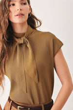 Camel soft knit top with scarf-style neck tie and short cap sleeves