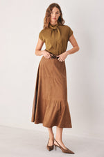Camel soft knit top with scarf-style neck tie and short cap sleeves, front view