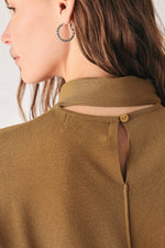 Soft knit scarf sweater top in dark olive with snap button at back neck
