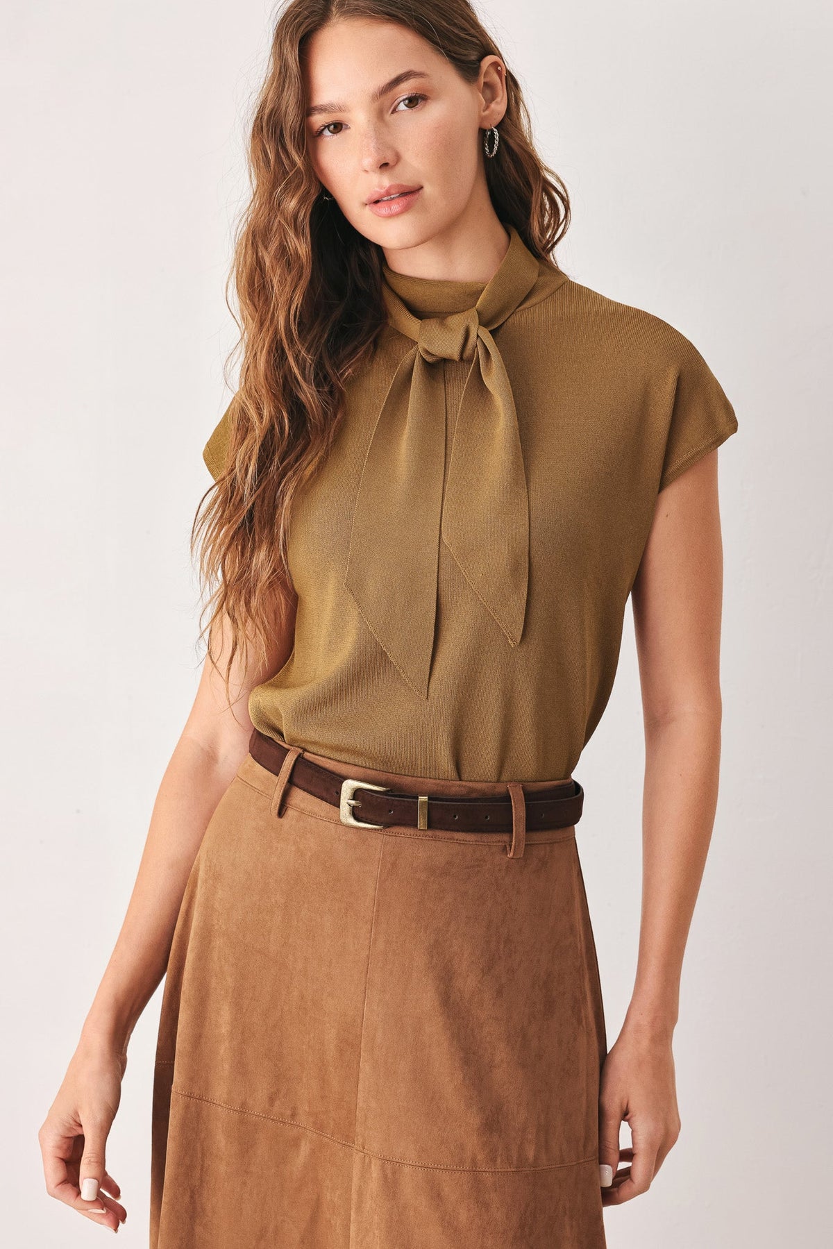 Front view soft knit scarf sweater top in dark olive, tied neck detail and cap sleeves