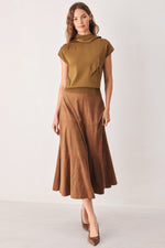 Soft knit scarf sweater top in dark olive with tied neck and short cap sleeves