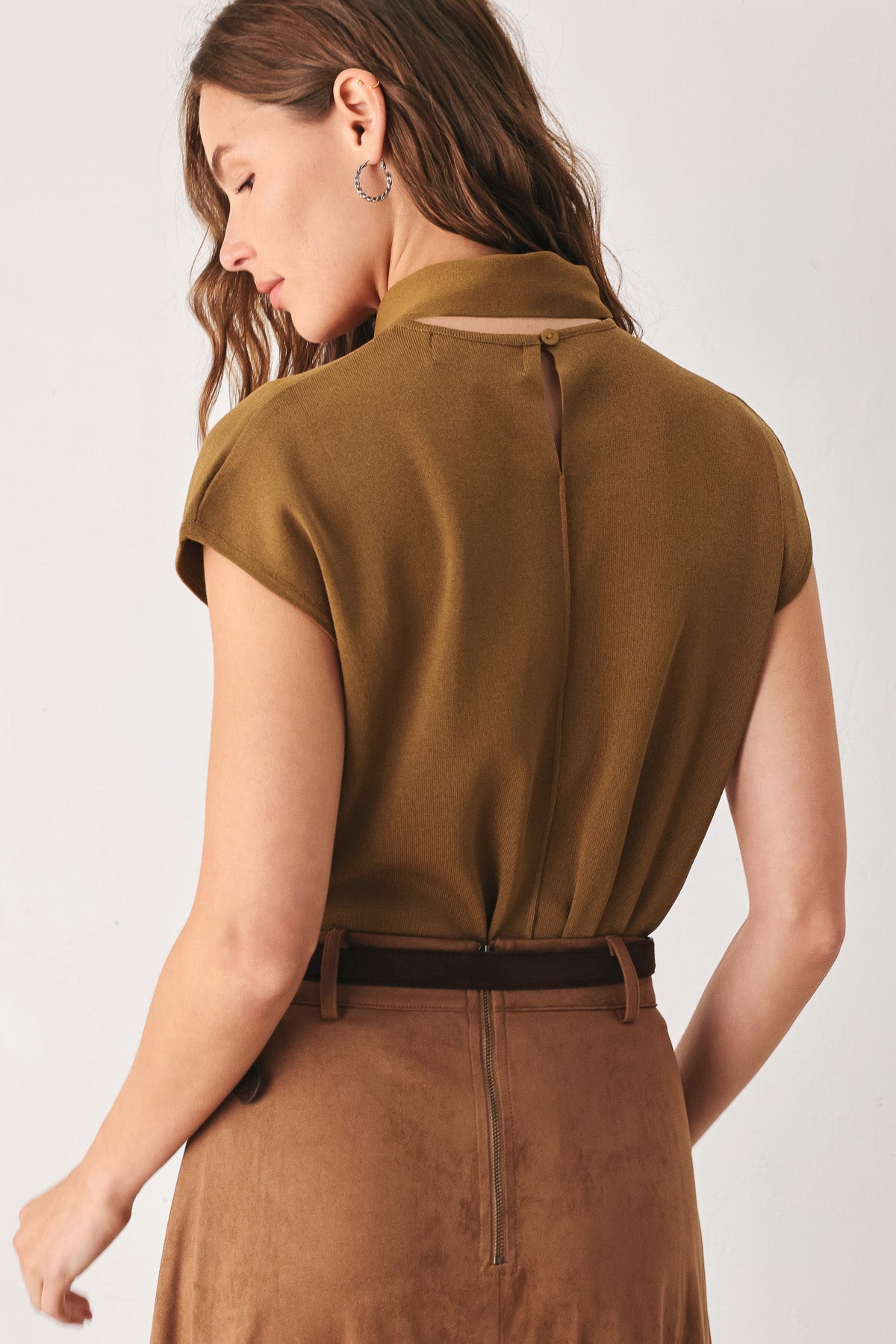 Back view soft knit scarf sweater top in dark olive with buttoned collar and cap sleeves
