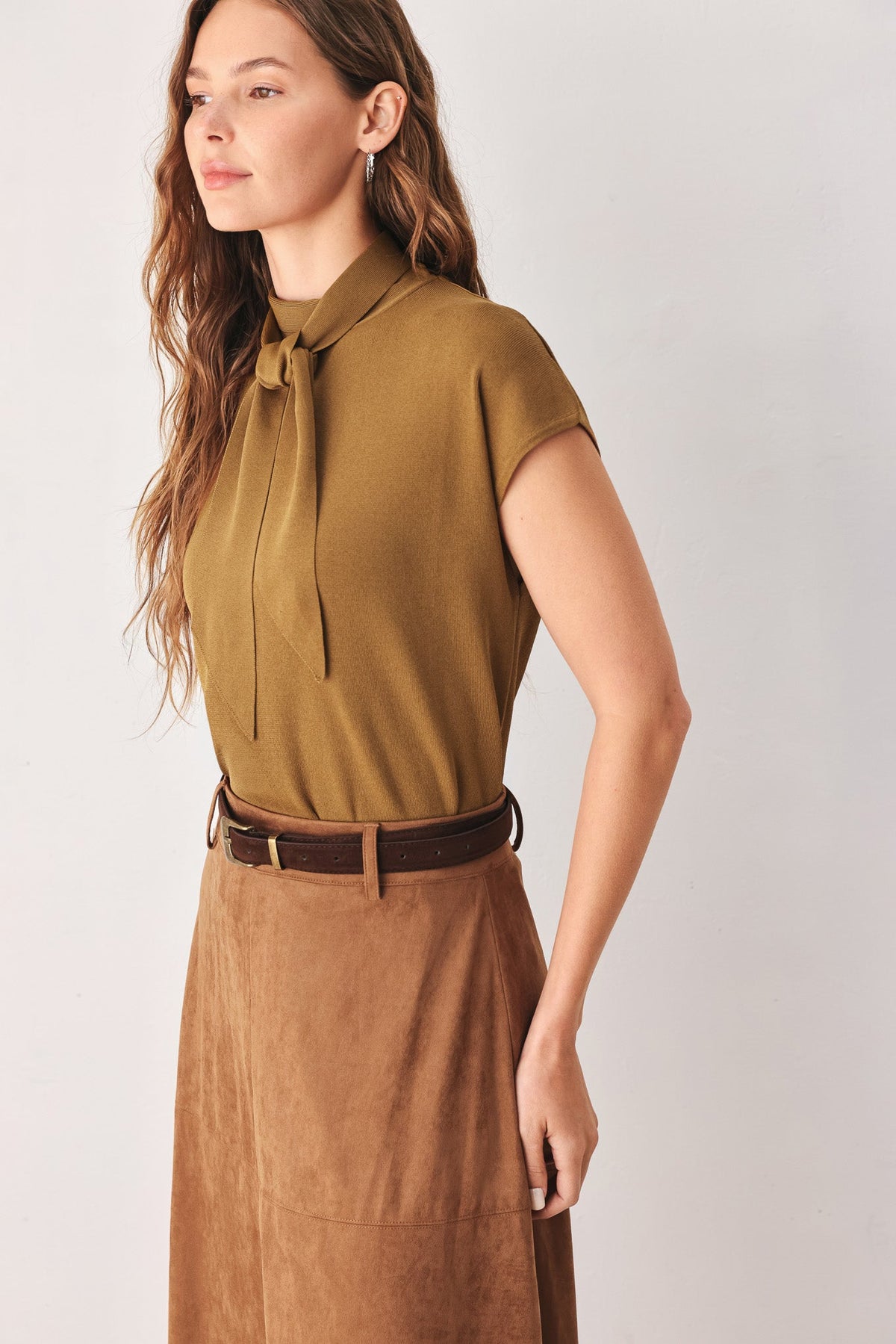 Soft knit scarf sweater top in dark olive, tied neck and short cap sleeves