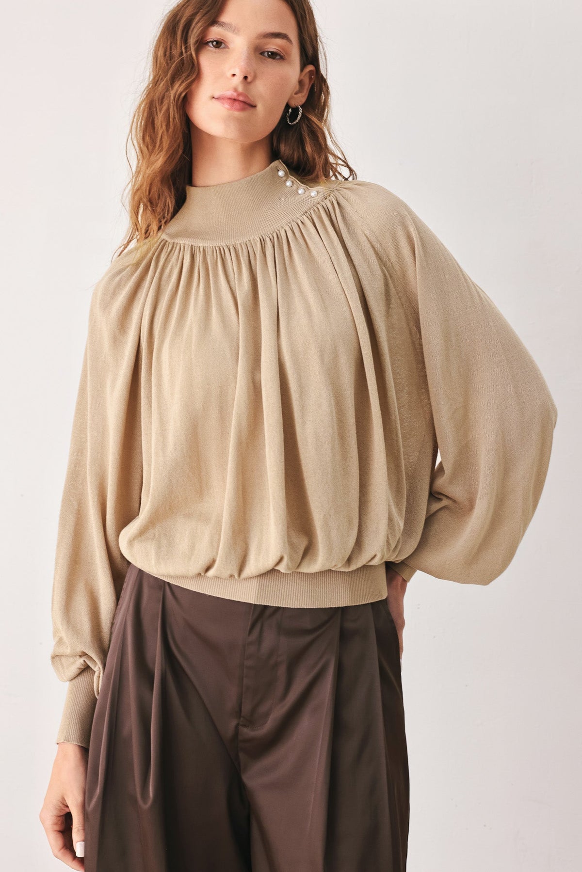Taupe knit sweater top with gathered collar and pearl button accents