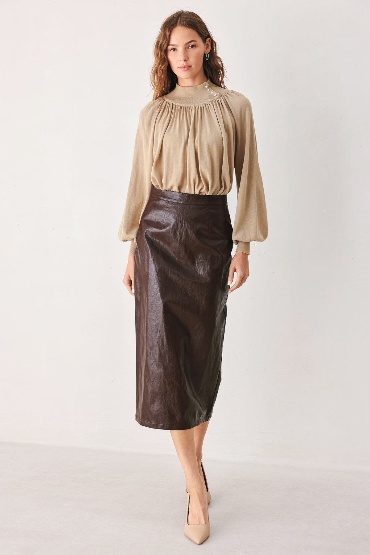Taupe draped knit sweater top with long balloon sleeves and gathered neckline