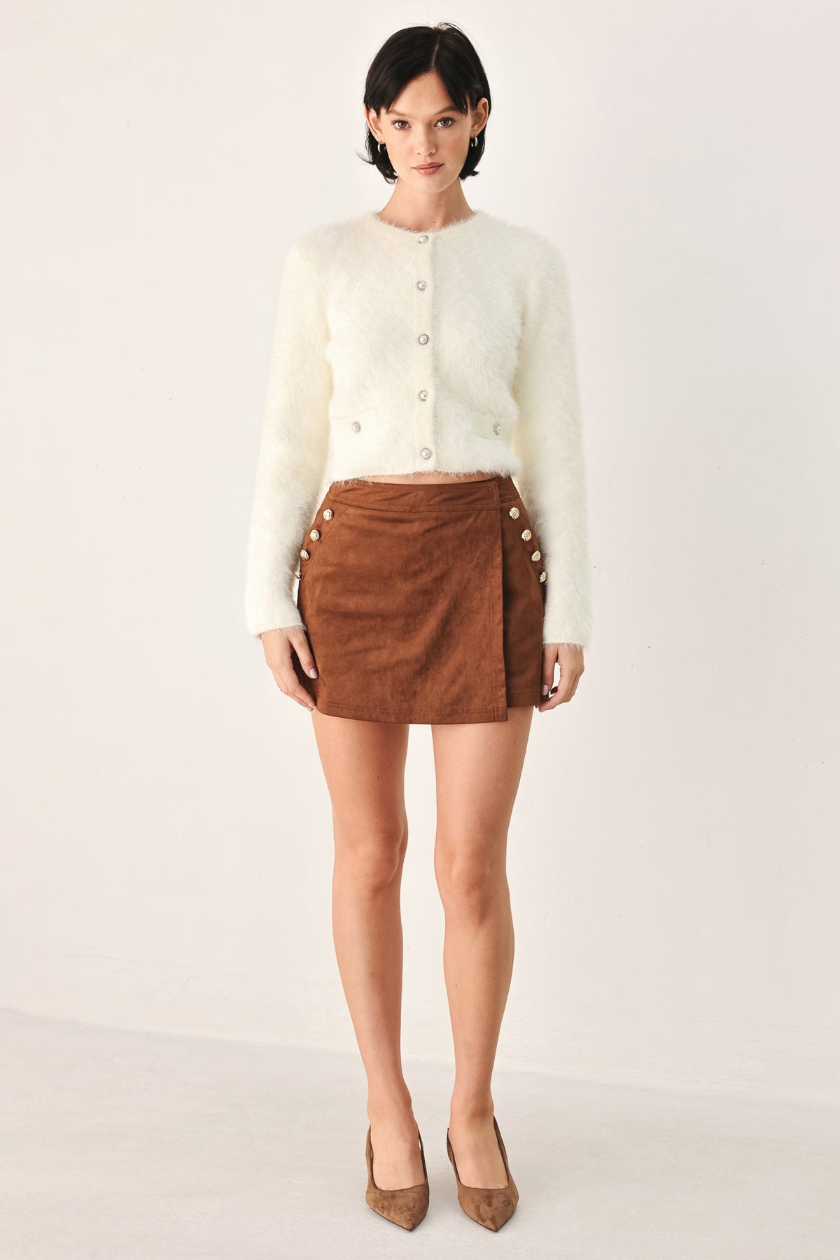 Ivory cropped cardigan with button front, fuzzy knit texture