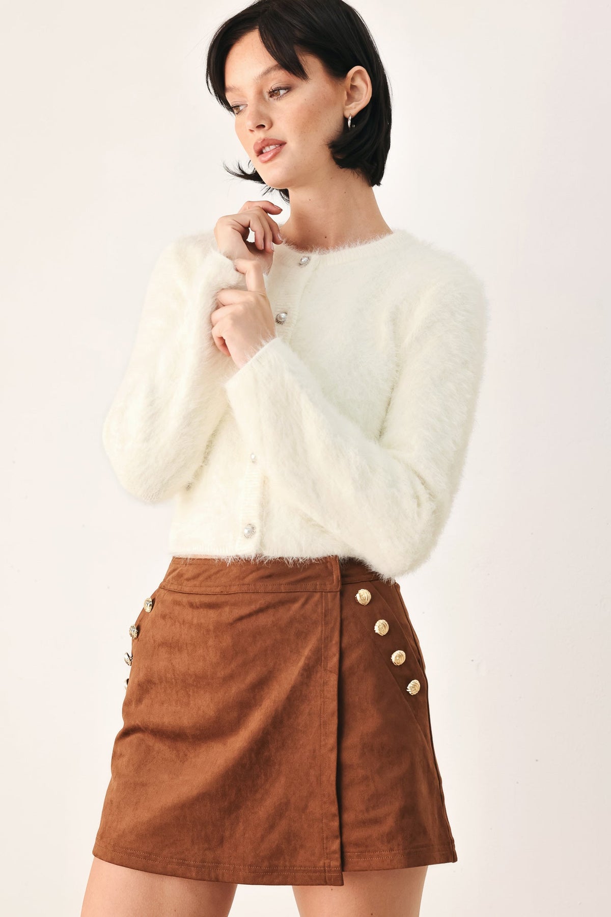 Ivory cropped cardigan with button front and patch pockets