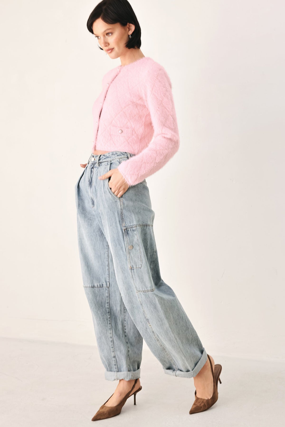 Pink cropped cardigan with button front and textured knit