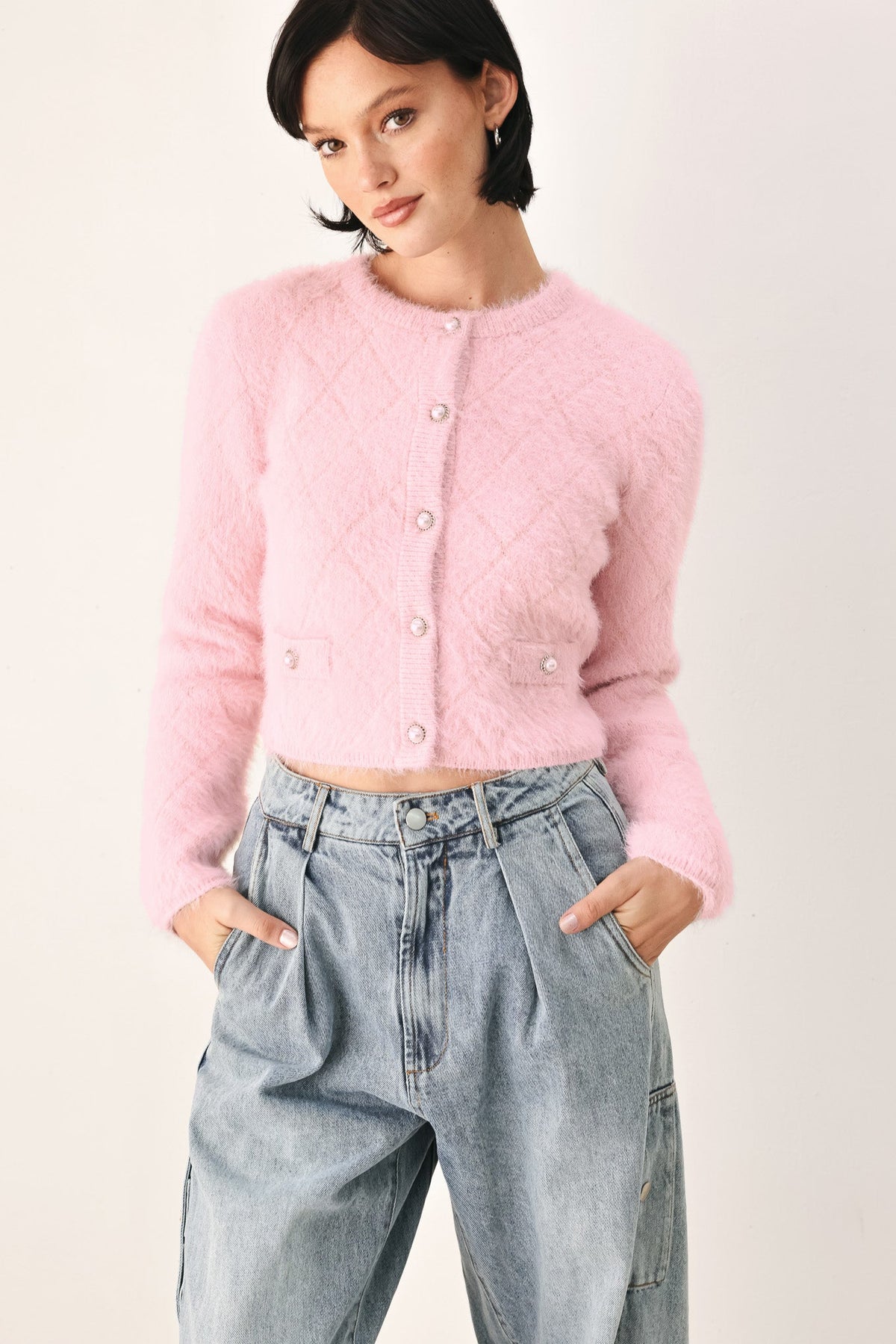 Pink cropped cardigan with button front and patch pockets