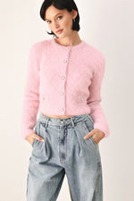 Pink cropped cardigan with button front and patch pockets