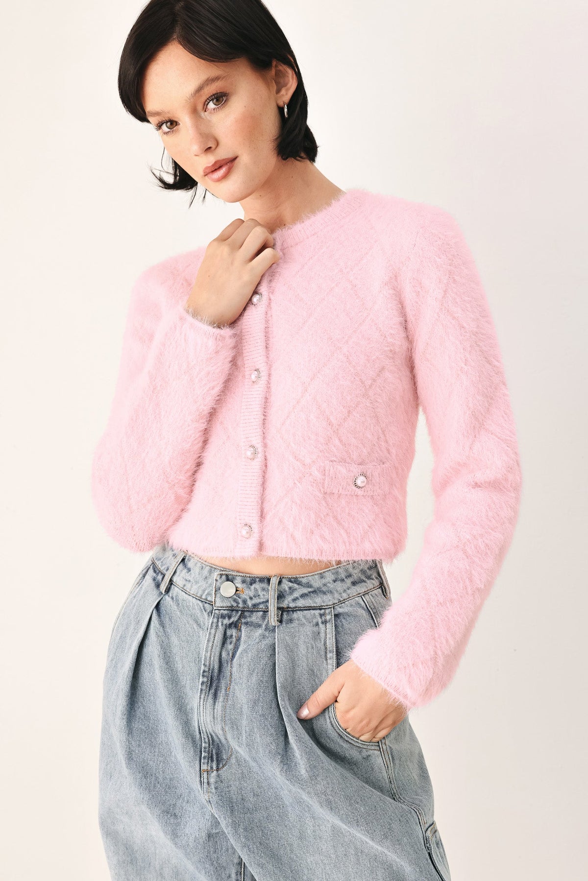 Pink cropped cardigan with button front and patch pockets
