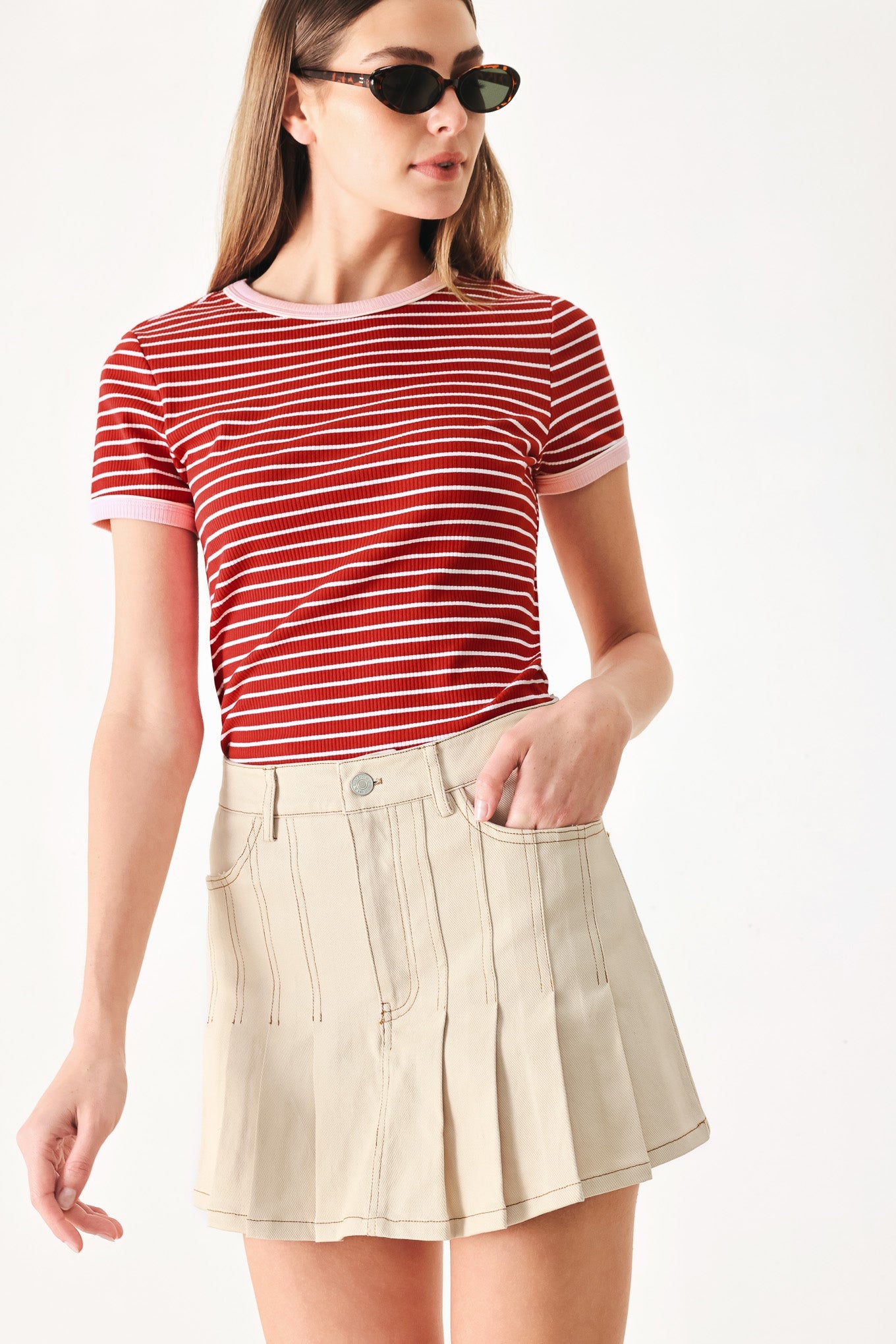Red and white striped knit top with crew neck and short sleeves, pink rib trim