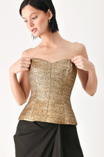 Gold metallic sweetheart tube top with fitted peplum hem