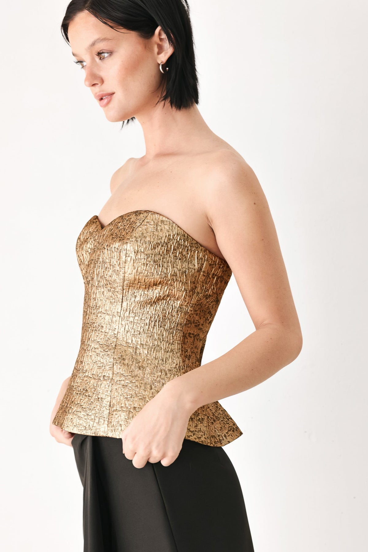 Gold metallic strapless sweetheart tube top with fitted corset shaping