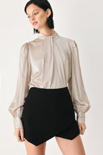 Champagne satin blouse with high neck, pintuck pleats, long puff sleeves