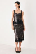 Dark brown faux leather sweetheart top with black lace trim and narrow shoulder straps
