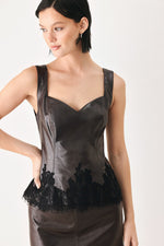 Dark brown faux leather sweetheart camisole top with black lace overlay hem