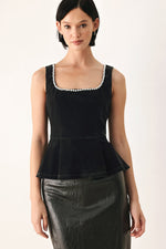 Black velvet peplum camisole top with square neckline and rhinestone trim