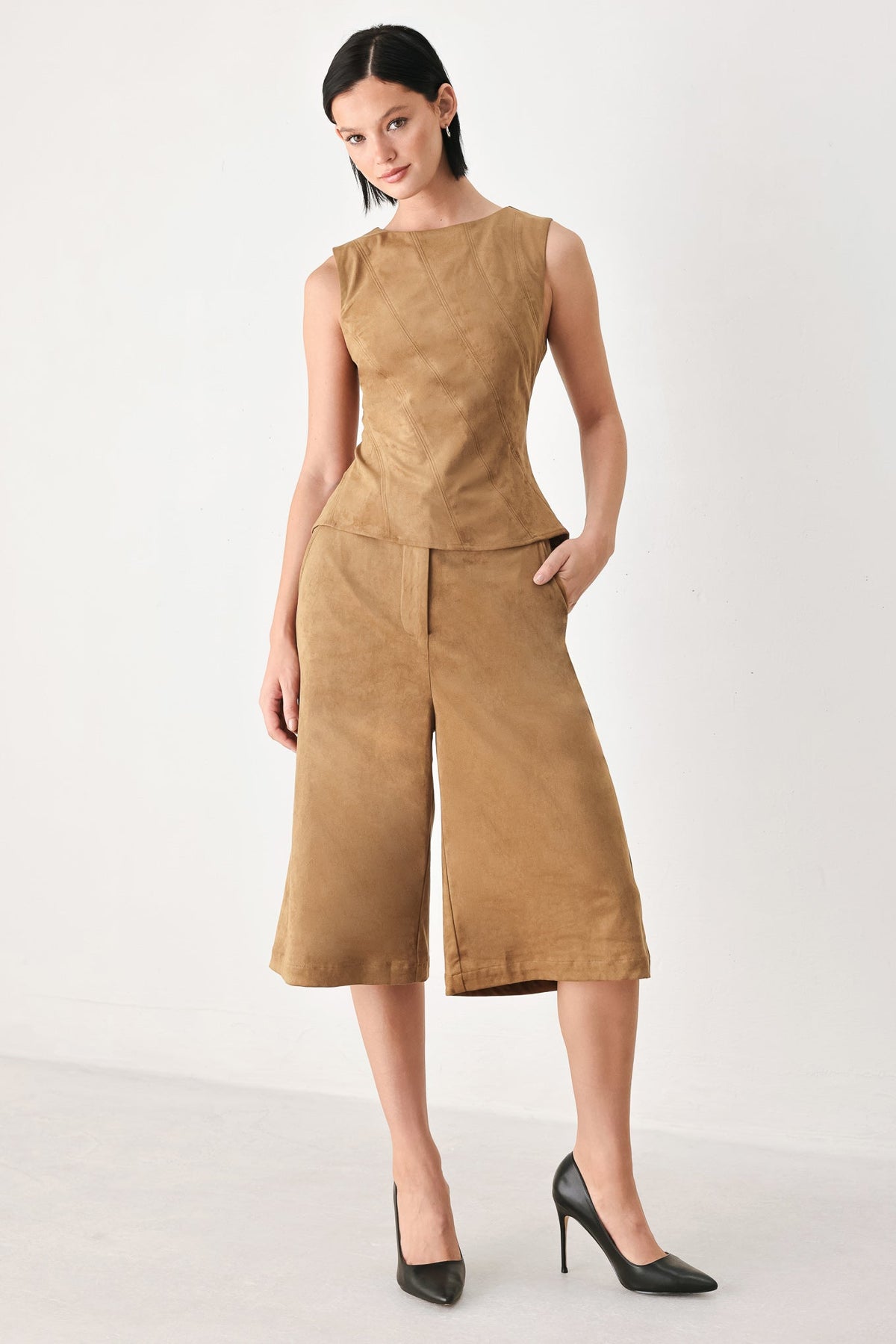 Camel faux suede sleeveless top paired with matching wide-leg shorts, seam detail