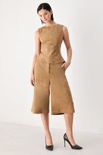 Camel faux suede sleeveless top paired with matching wide-leg shorts, seam detail