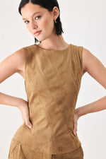 Camel faux suede sleeveless top with round neck and peplum hem