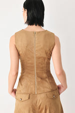 Back view: camel faux suede sleeveless top with center back seam and zipper