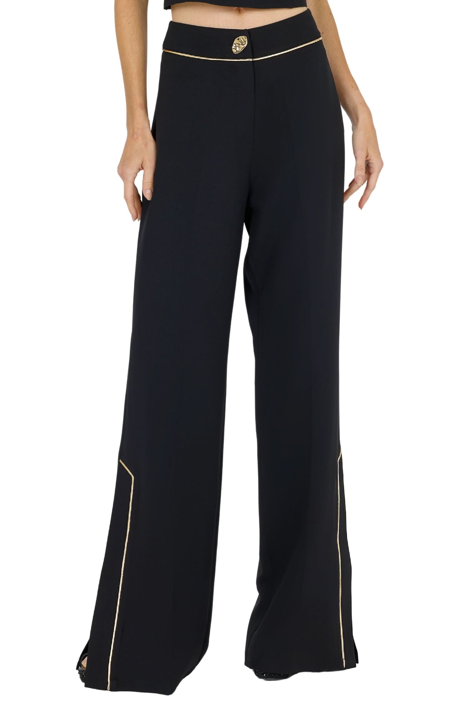 Mid-rise straight-leg pants, black with gold piping and waistband emblem