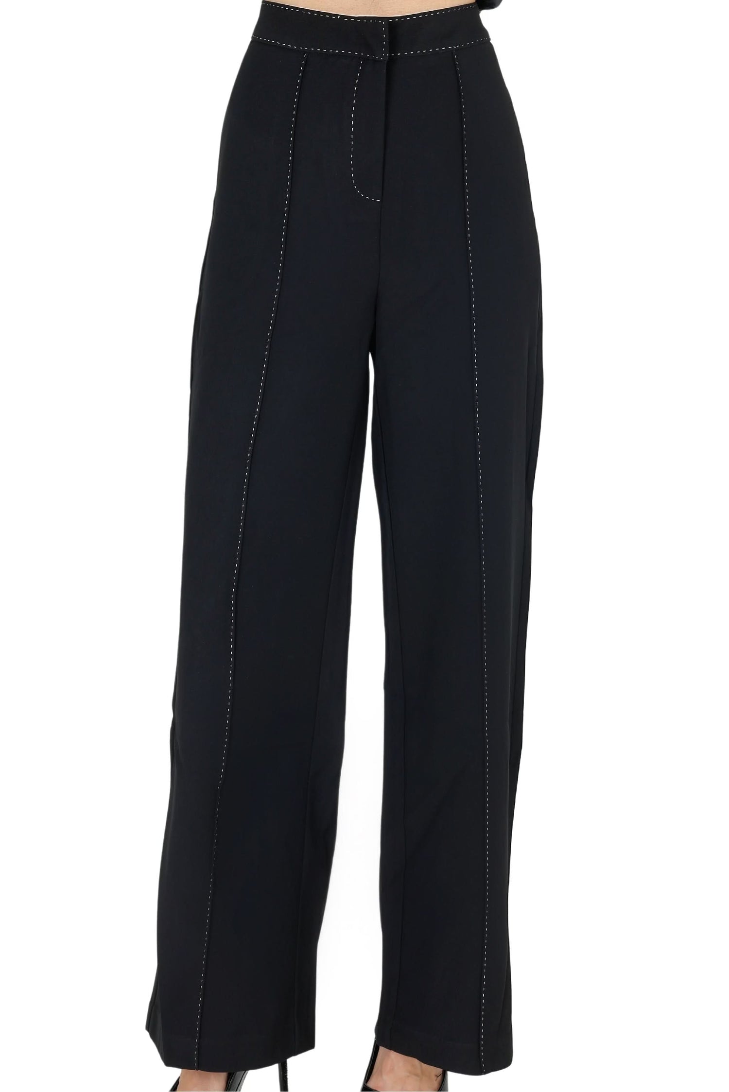 Black wide-leg pants with contrast stitch detailing and straight waistband