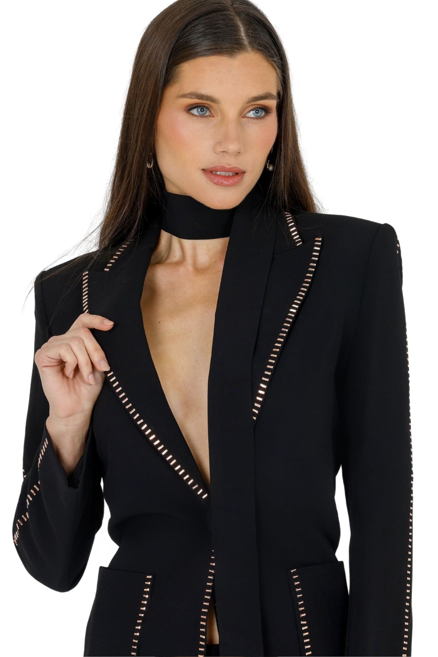 Black blazer with gold-trimmed peak lapels and tailored waist