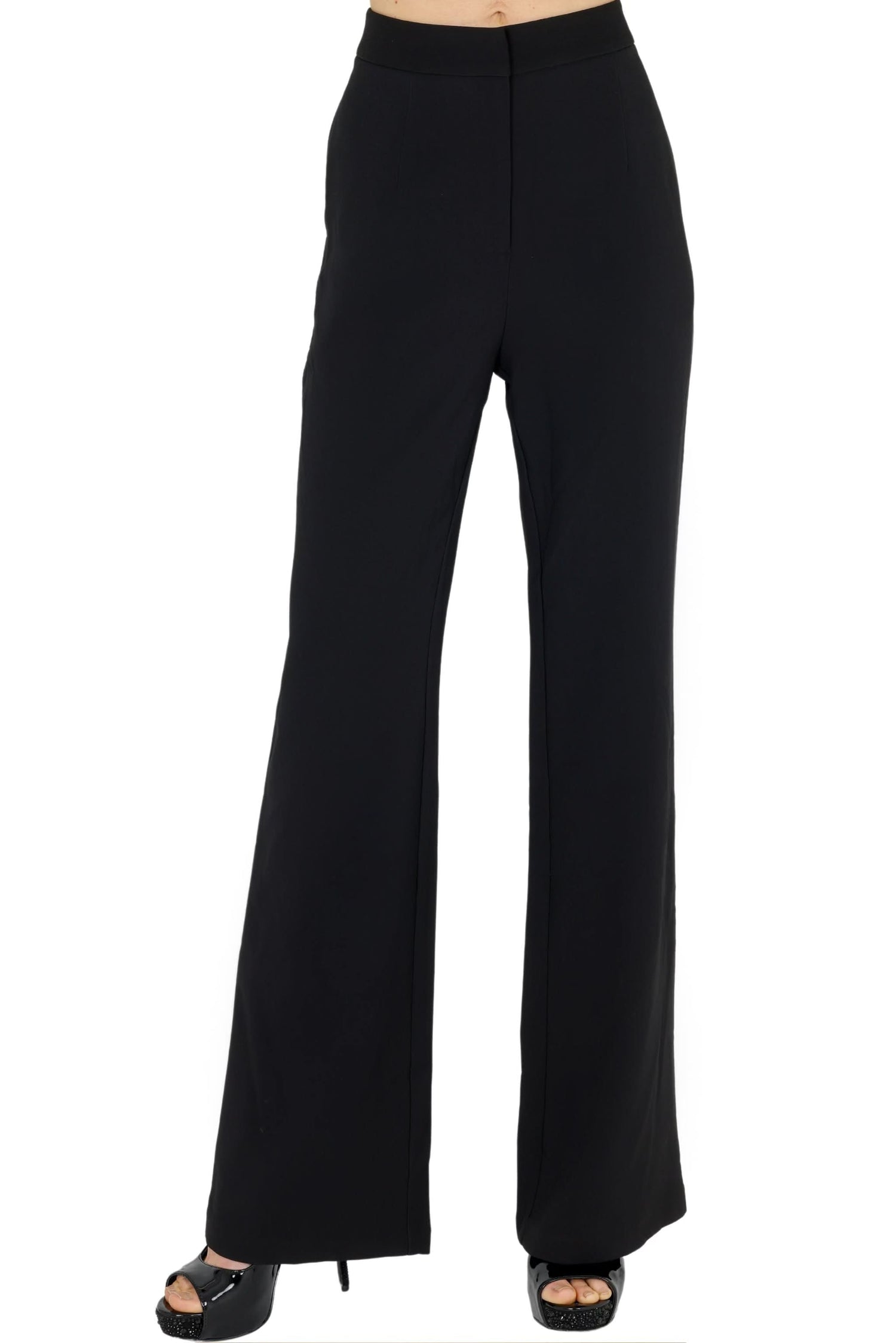 Black wide-leg pants with high waist and straight, flowing wide legs