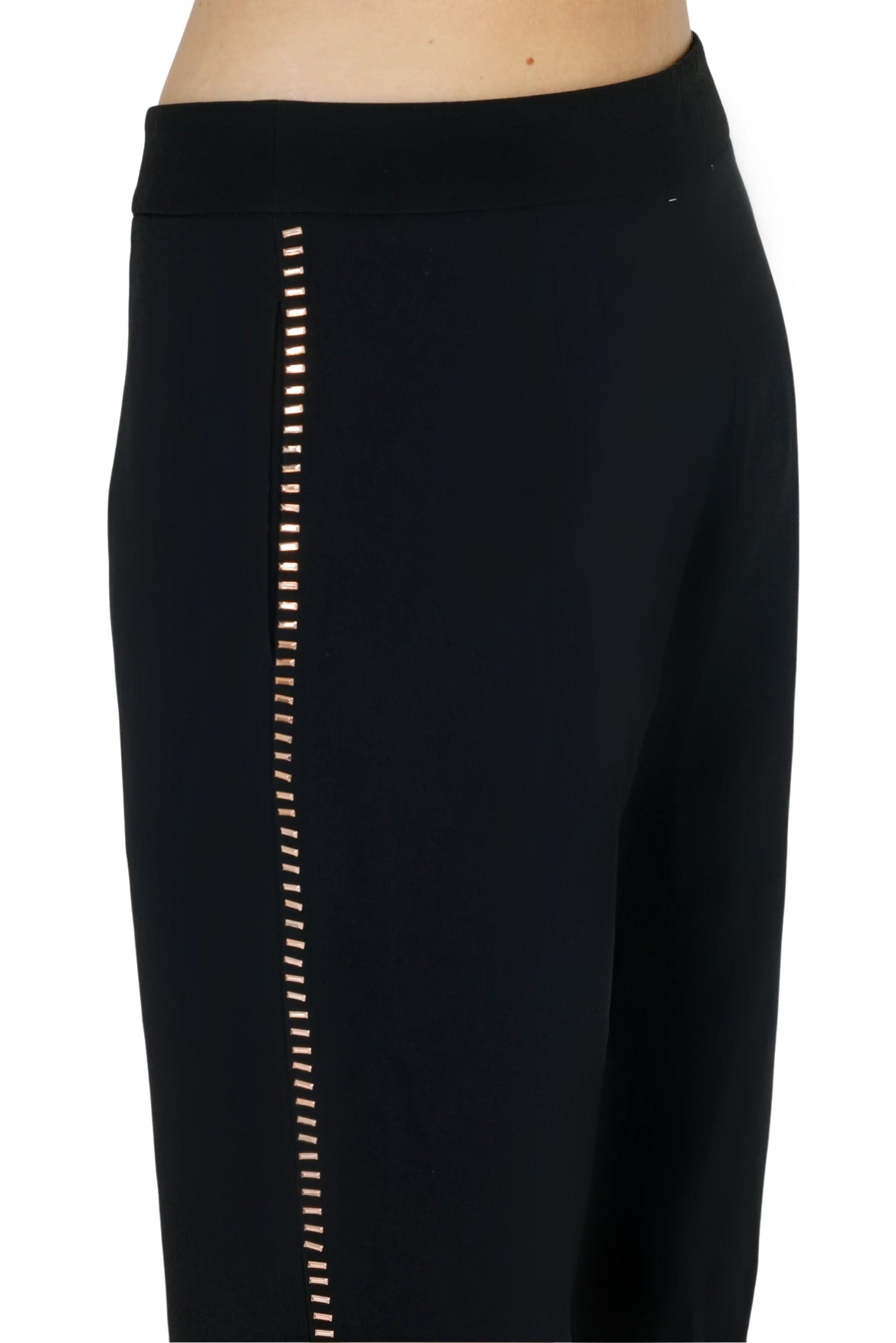 Black high-waist wide-leg pants with gold studded side stripe