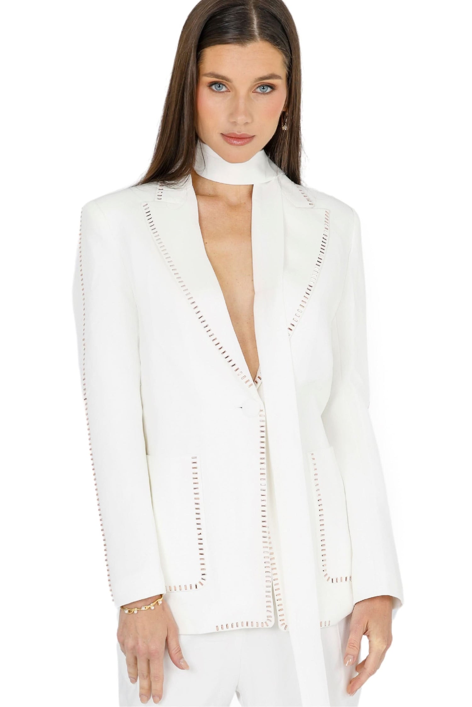 White high-rise wide-leg pants with waistband and side seam trim
