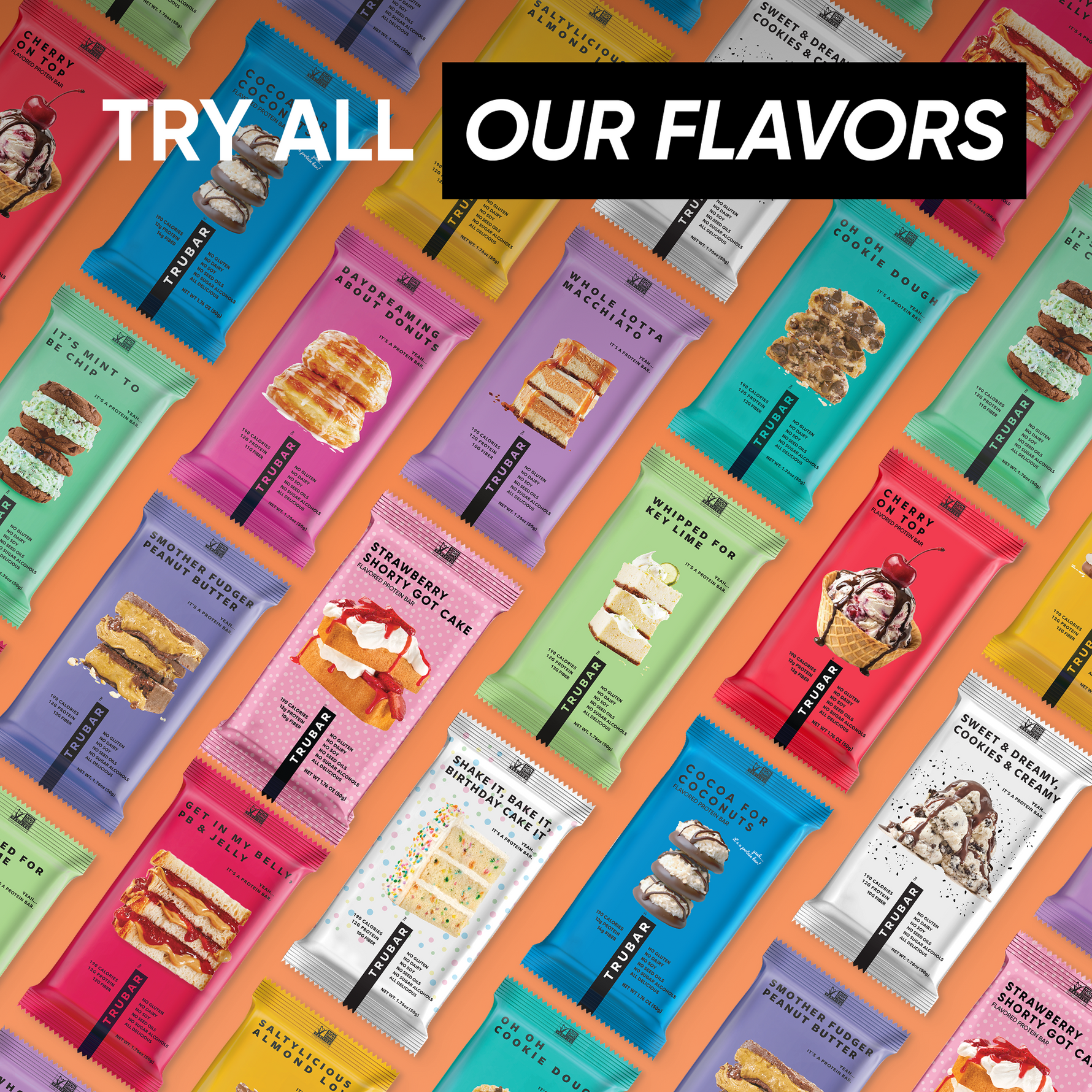 Assorted TRUBAR protein bar wrappers in multiple colors for different flavors