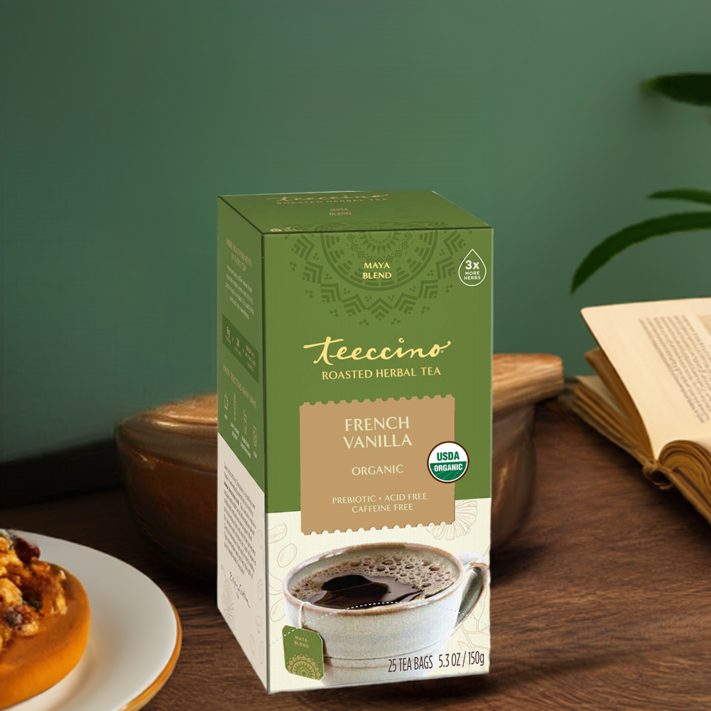 Teecino roasted herbal tea box, French vanilla flavor, prebiotic, acid-free