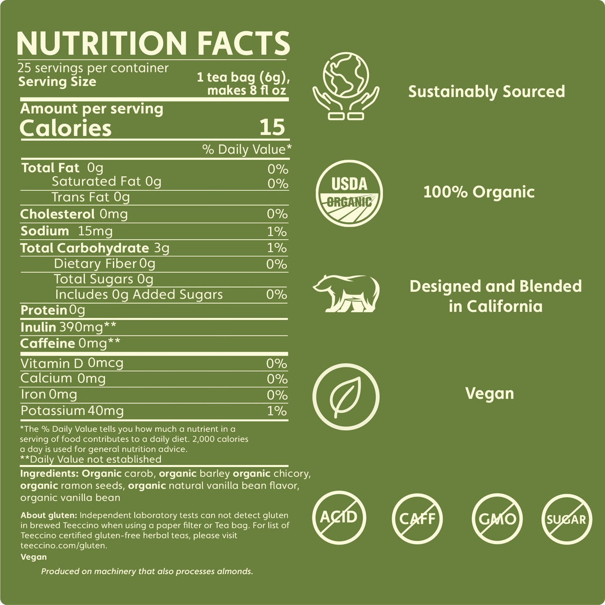 Teecino nutrition facts panel for roasted herbal tea, 15 calories, vegan