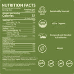 Teecino nutrition facts panel for roasted herbal tea, 15 calories, vegan