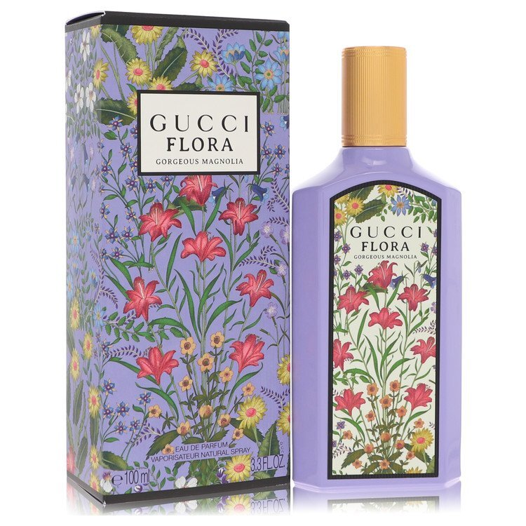Gucci Flora Gorgeous Magnolia EDP perfume bottle in purple with floral label and gold cap