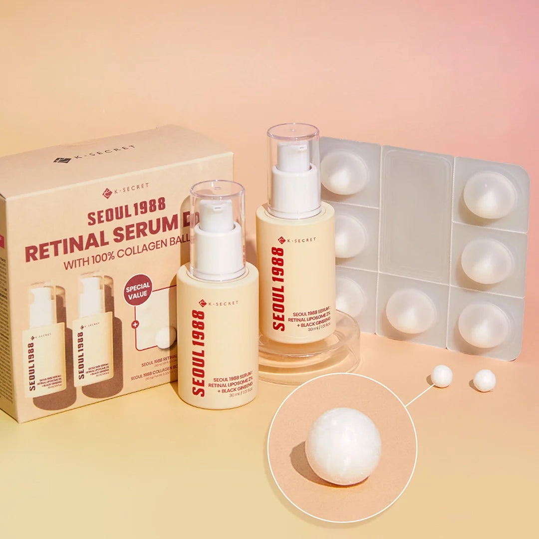 Retinal serum duo set with bottles, blister tray, and white collagen ball