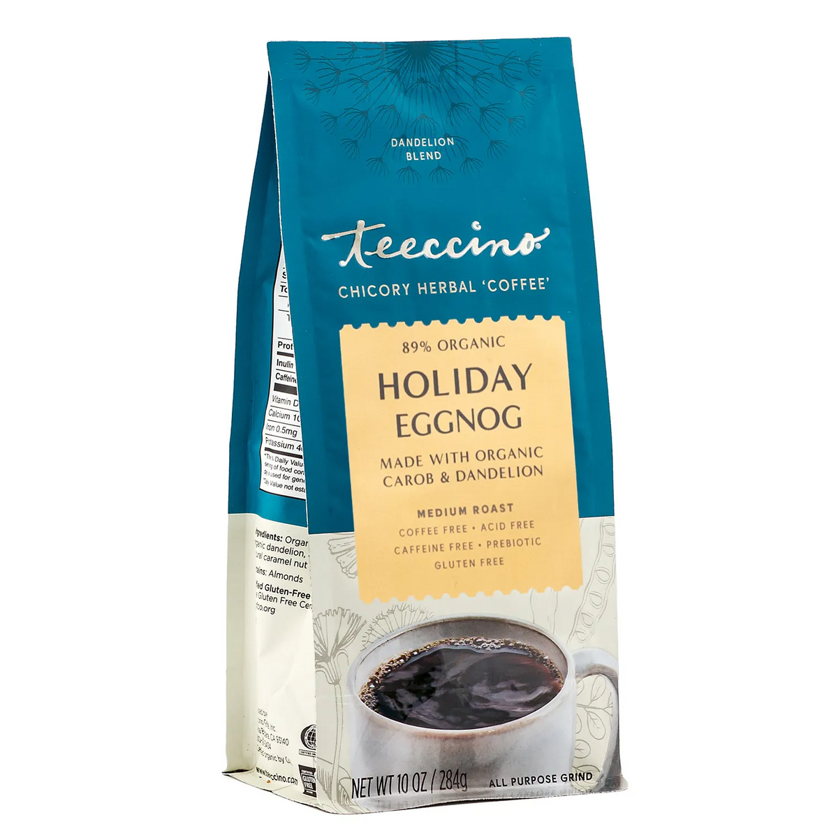 Teecino herbal coffee pouch, Holiday Eggnog flavor, medium roast, all-purpose grind