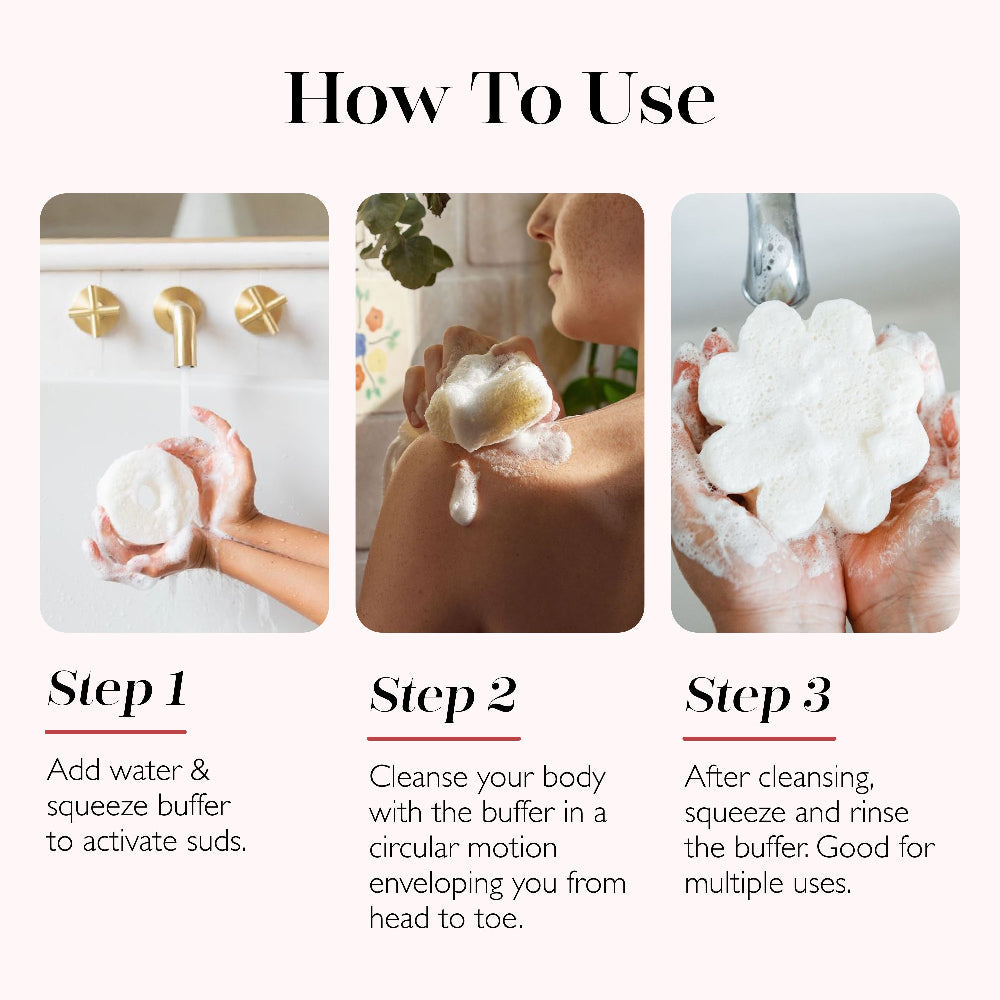 Multi-use body wash buffer sponge in hands, with how-to use step panels