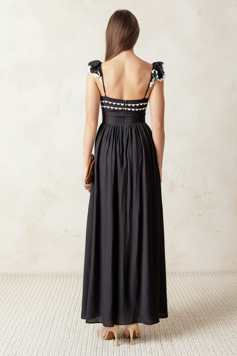 LOVELY DARLING BLACK WOVEN MIDI DRESS