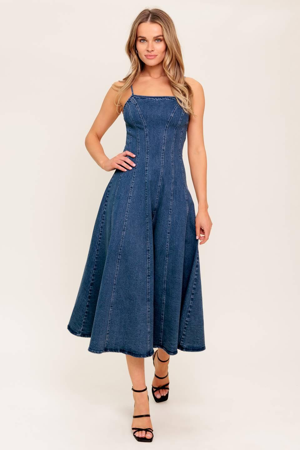 Medium indigo denim midi dress, sleeveless square neckline, flared skirt, button-back detail