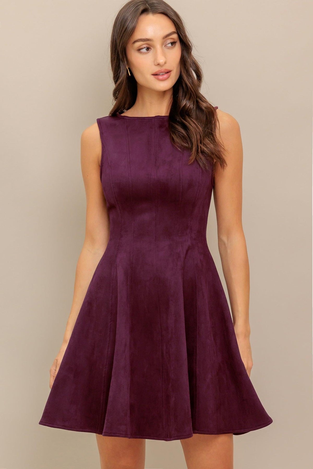Burgundy faux suede mini dress, sleeveless mock neck with fitted bodice and flared skirt