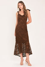 Chestnut lace tie-strap midi dress with V-neck and fitted bodice
