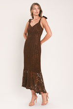 Chestnut lace tie-strap midi dress with fitted silhouette and ruffled hem