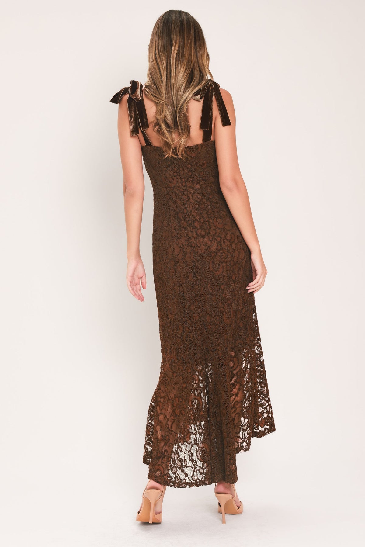 Chestnut lace tie-strap midi dress back view with bow shoulder ties