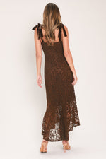Chestnut lace tie-strap midi dress back view with bow shoulder ties